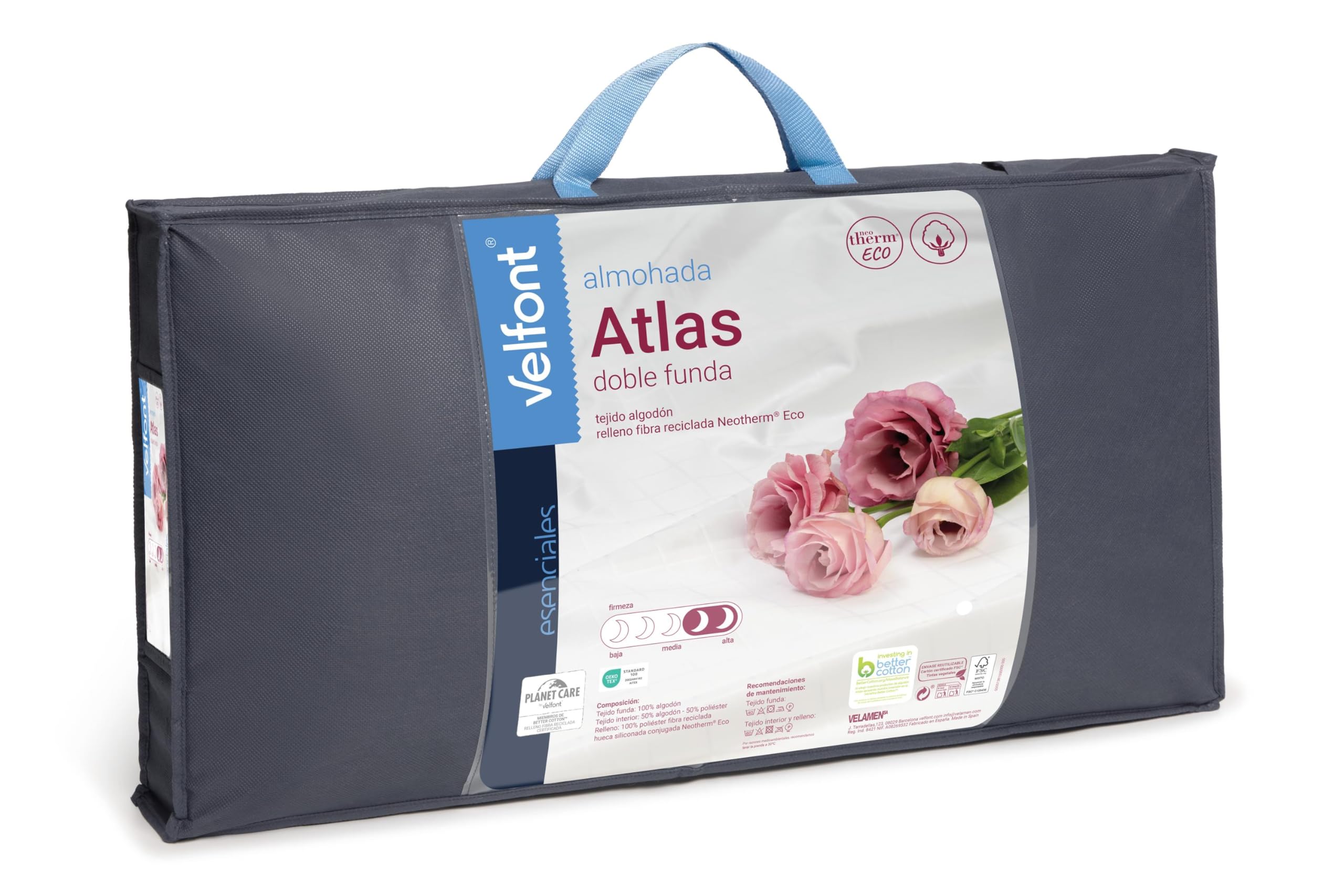 Velfont Almohada Doble Funda Atlas, 100% Algodón, Alta Firmeza, Relleno de Fibra Siliconada, Cierre con Cremallera (90 cm)
