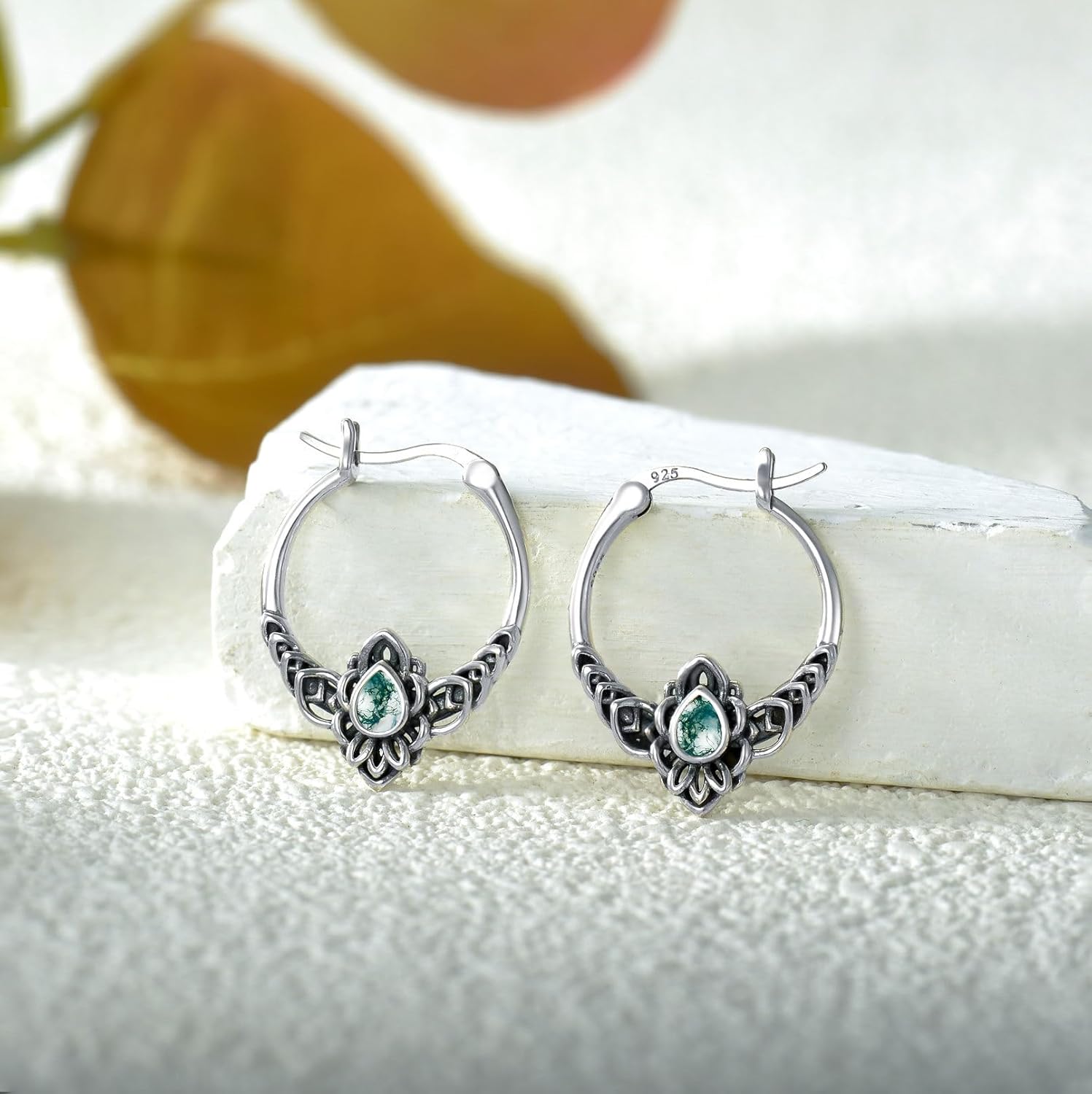 Owl/Hummingbird/Butterfly/Animal Moss Agate Hoop Earrings 925 Sterling Silver Vintage Moss Agate Hoop Earrings for Birthday Women Gifts - Image 4