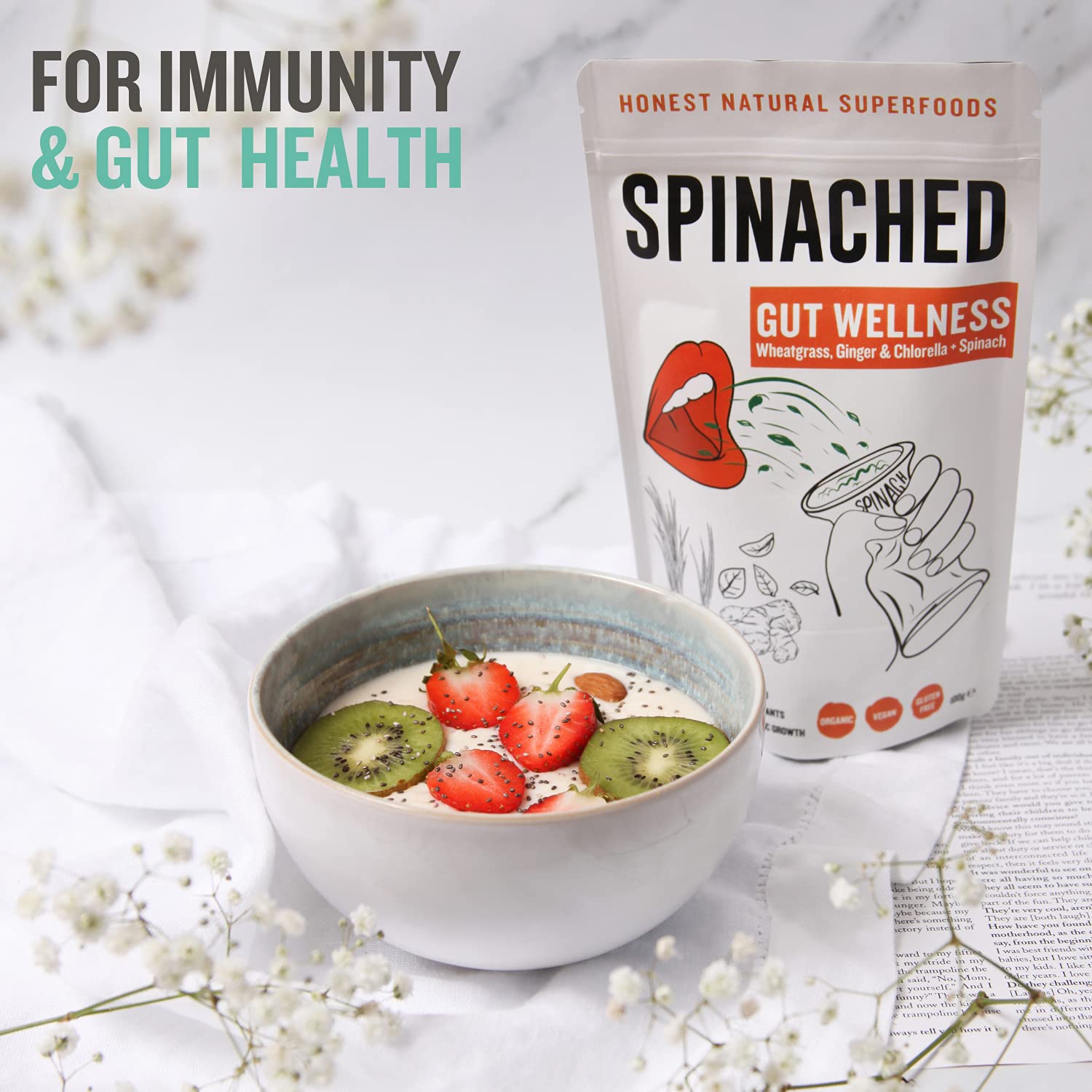 SPINACHED Gut Wellness Organic Spinach, Ginger, Wheatgrass, Chlorella Digestive Supplement