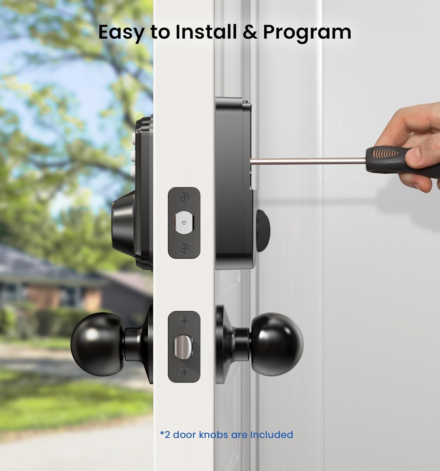 Image showing a hand using a screwdriver to install the interior part of the Veise KS02C door lock.