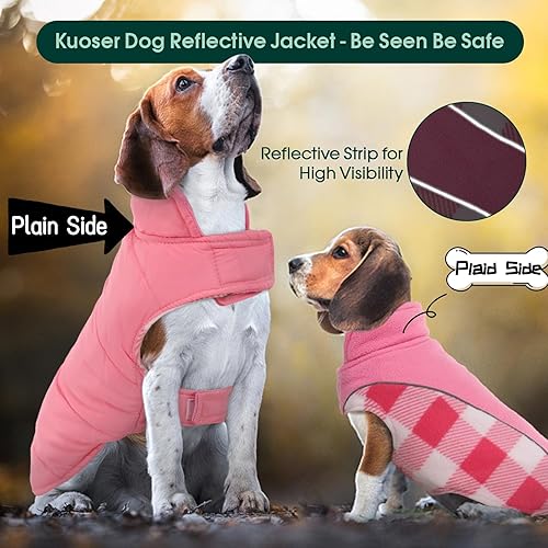 Miniatura 3 de Kuoser Dog Winter Coat, Reversible Waterproof Dog Jacket with Reflective Strip, Warm Dogs Fleece Vest Adjustable Doggy Cold Weather Clothes Plaid