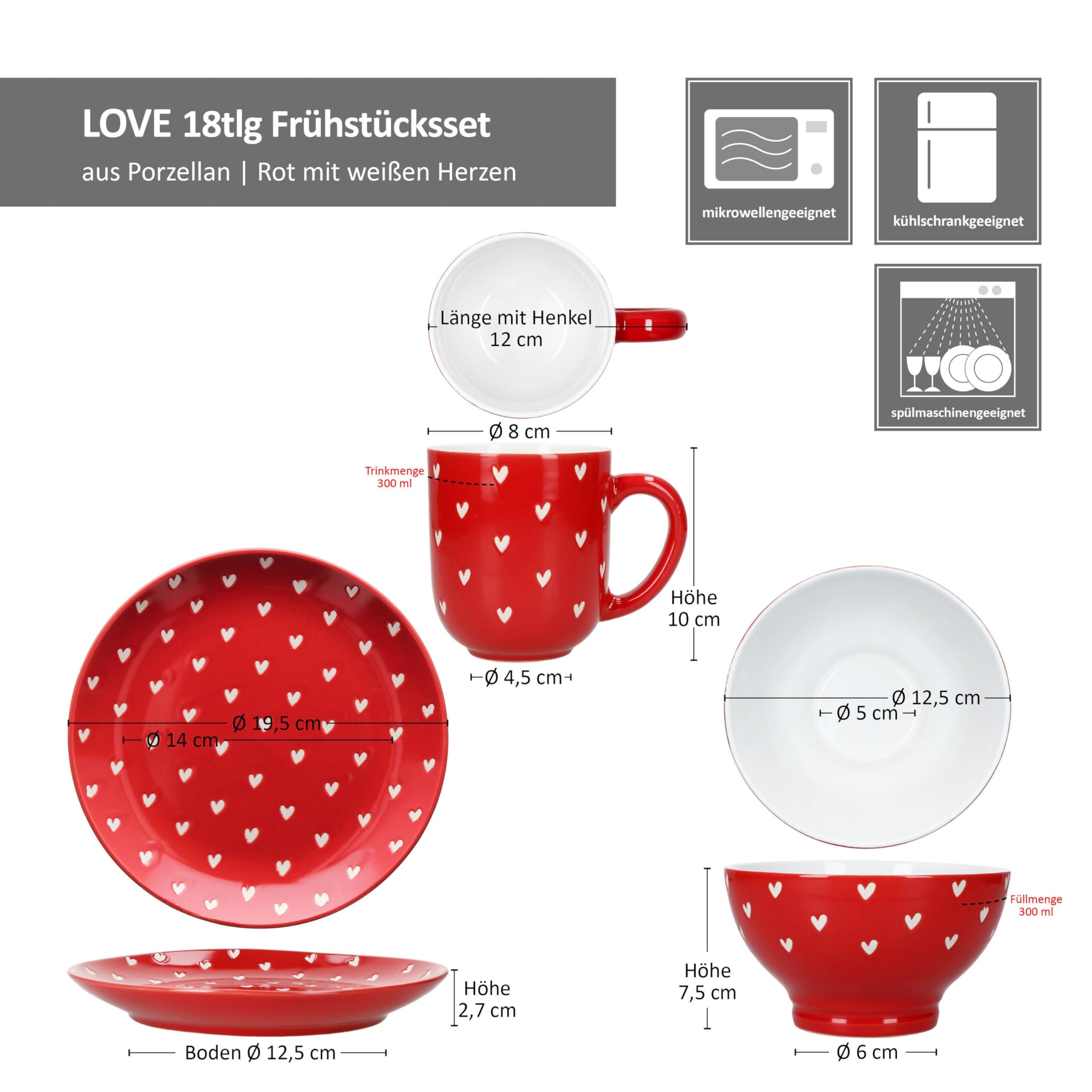 MamboCat Love 18tlg Frühstücksset I 6X Kuchenteller Ø19,5cm, 6X Müslischalen 500ml 6X Kaffeebecher 300ml I Porzellan Geschirr rot mit weißen Herzen I für Frühstück & Kaffeezeit
