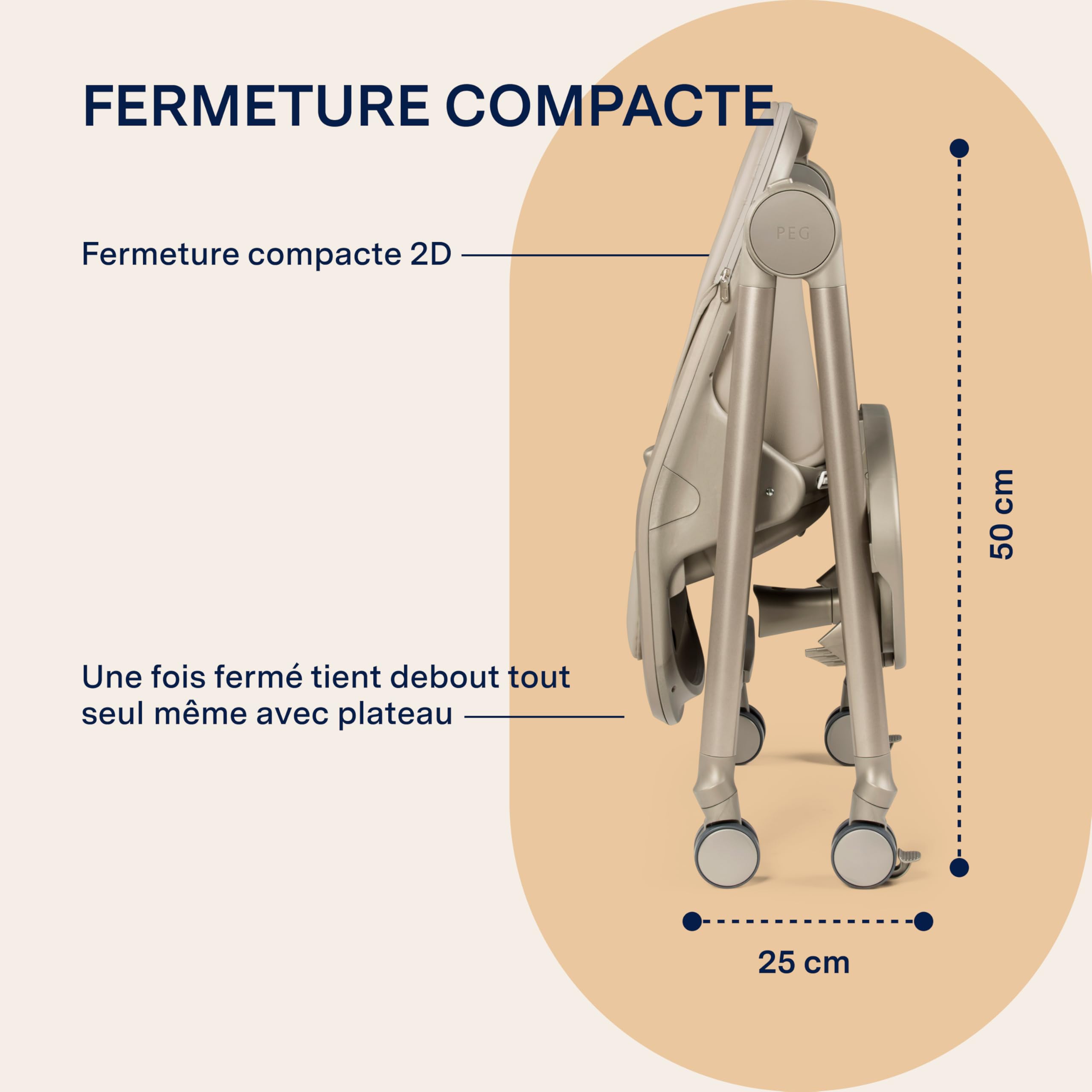 PEG Living Chaise Haute dès la Naissance, Design Contemporain, Fonction Transat, Hauteur Réglable, Double Plateau, 4 Roues 360°, Fermeture Compacte, 0–3 Ans (0–15 kg), Space Sand