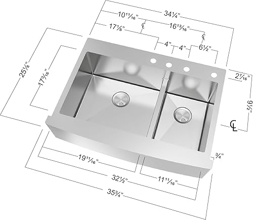 Miniatura 3 de Transolid DTDOF362510-4 Diamond - Fregadero de cocina de acero inoxidable de calibre 16 de doble orificio de montaje doble 6040 con 4 agujeros, 36 x