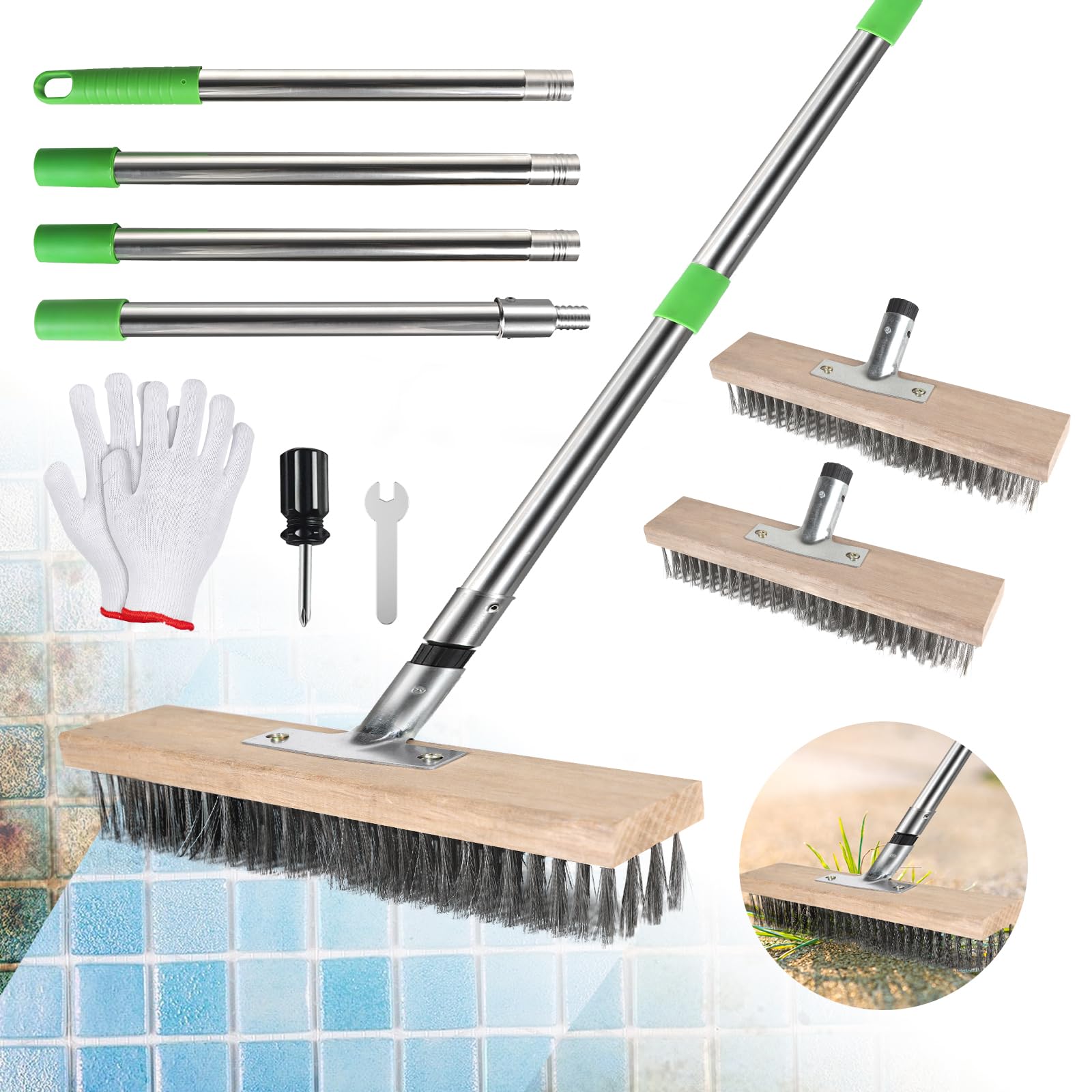 2 Pezzi Scopa metallica per giardino 30cm Scopa filo metallico con 1 set manico 1,6m acciaio giardino Spazzola per erbacce esterno per rimuovere erbacce, muschio e macchie ostinate