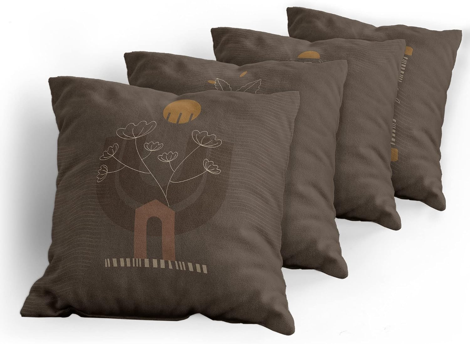 Ambesonne Modern Throw Pillow Cushion Case Pack of 4, Minimalist Illustration of Earthy Branches Leaves Artwork Geometric Tribal, Modern Accent Double-Sided Digital Printing, 16", Dark Brown and Amber