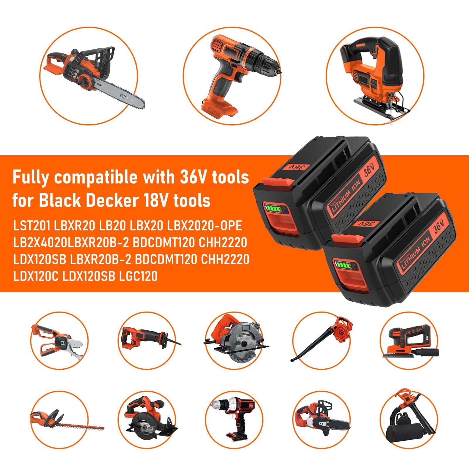 per Black Decker 36V 2500mAh batteria di ricambio 2.5Ah BL2018 LBXR20 LBXR2020-OPE LB20 LBX20 BL2018-XJ 194205-3 194309-1 194204-5 196399-0 196673-6 LXT-400 (1 * 36V 2.5Ah batteria)