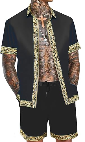 Conjunto de camisa hawaiana y pantalón corto para hombre, conjunto de 2 piezas, estampado de lujo, casual, con botones, manga corta, camisa de satén