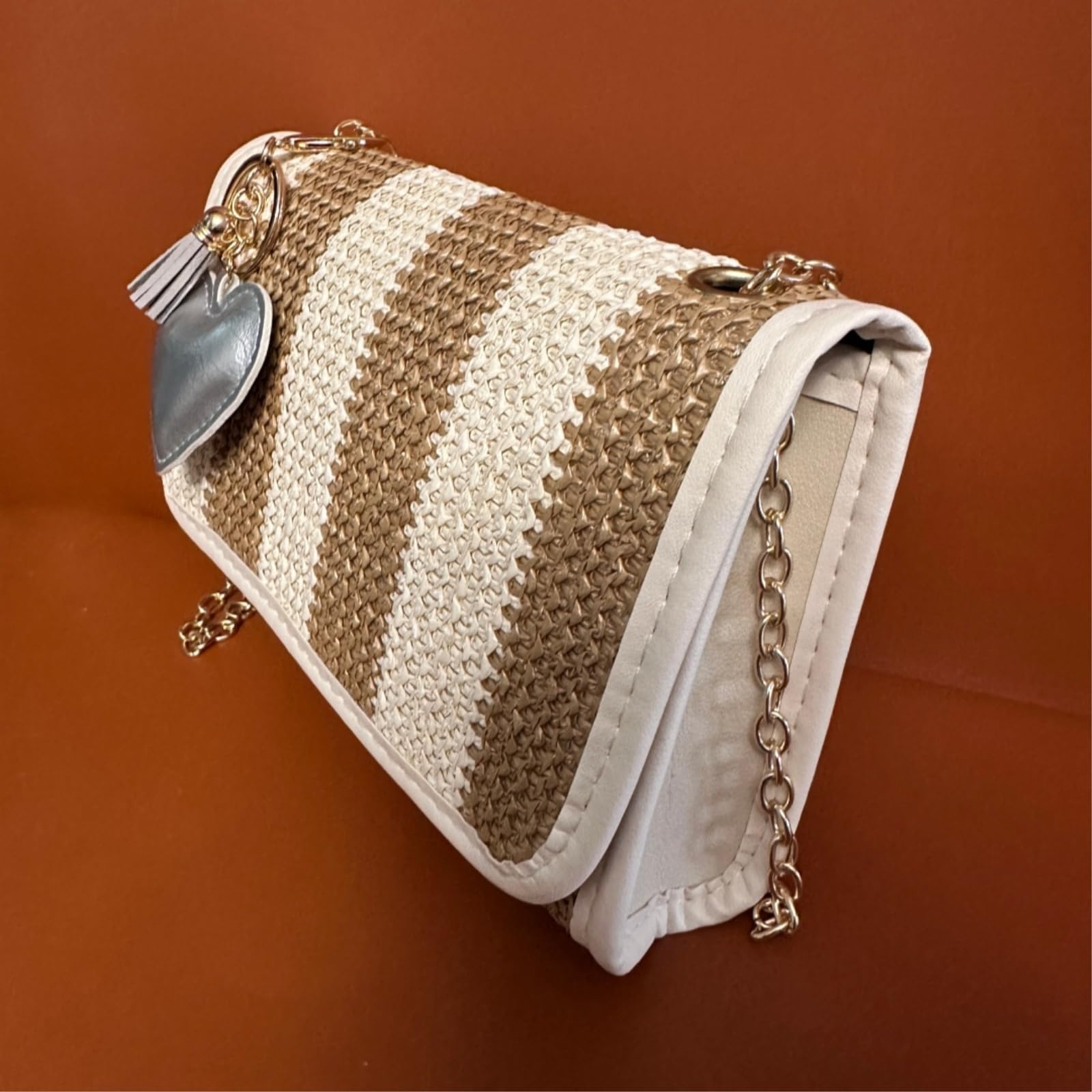 Borsa di Paglia Donna Borse da Donna, Fotocamera A Colori Bloccati, Tessute Righe Stampate, Crossbody Elegante-Khaki