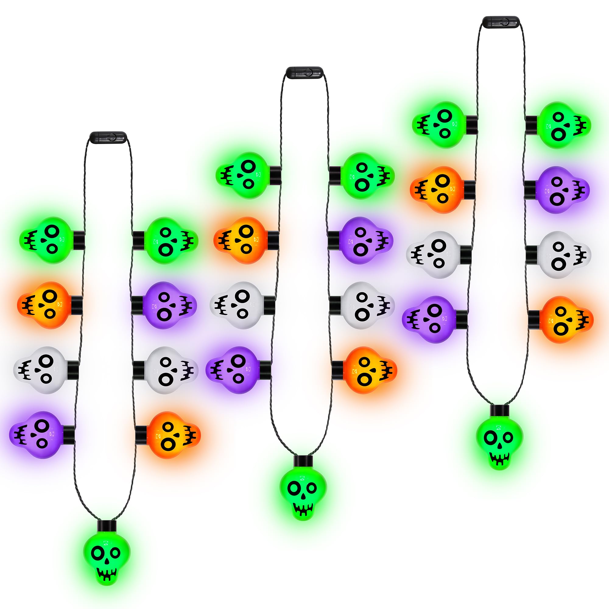 EOBOH Halloween Accessories, 3PCS Light up Halloween Necklaces Bulk, Halloween Party Favors Necklaces with Colorful Skull, 9 Bone Bulbs Glow for Trick