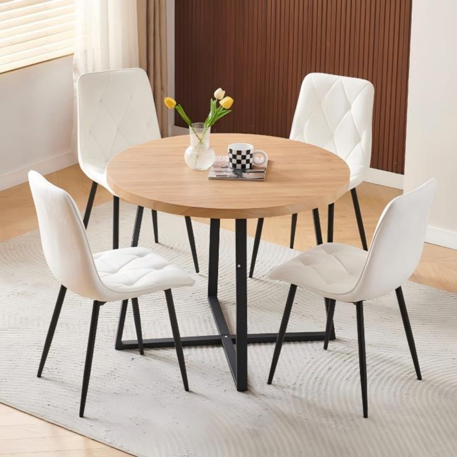 Homullel Round Dining Table and Chairs Set 4 Seater Kitchen Dining Set, 5 Pieces Table & Chairs Dinner Table Set for 4 (Oak Round Straight, 4 Seats, White Velvet Diamond)