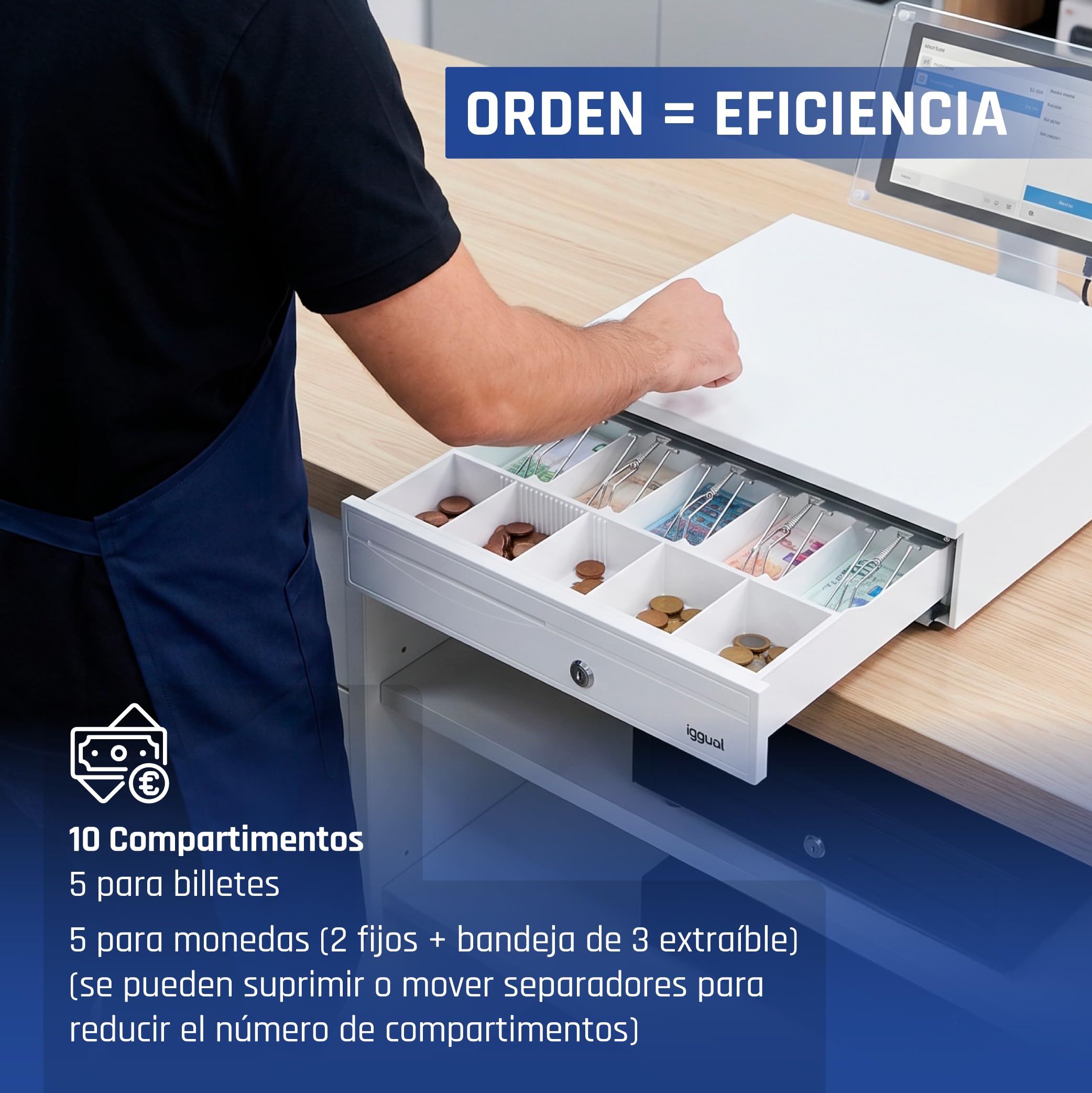 iggual -Tiroir caisse IRON-30PW - Caisse Enregistreuse Manuelle ou Automatique pour 5 Billets et 5 Pièces - Serrure à 3 Positions - Acier + Plastique ABS - Usage Professionnel - Blanc Pur (42x40,5x10)