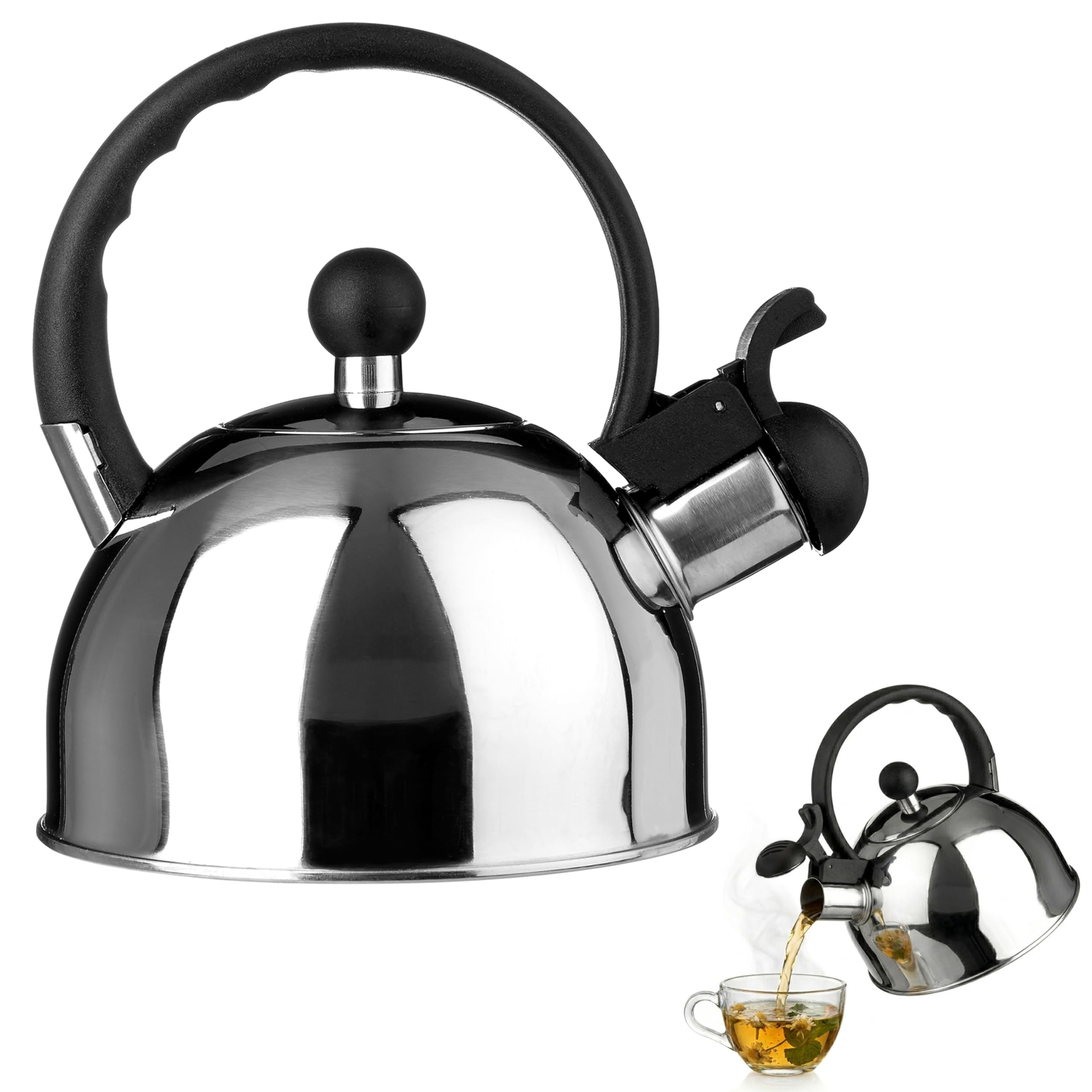 Premier Housewares 1L Mirror-Finish Stainless Steel Whistling Kettle - Silver