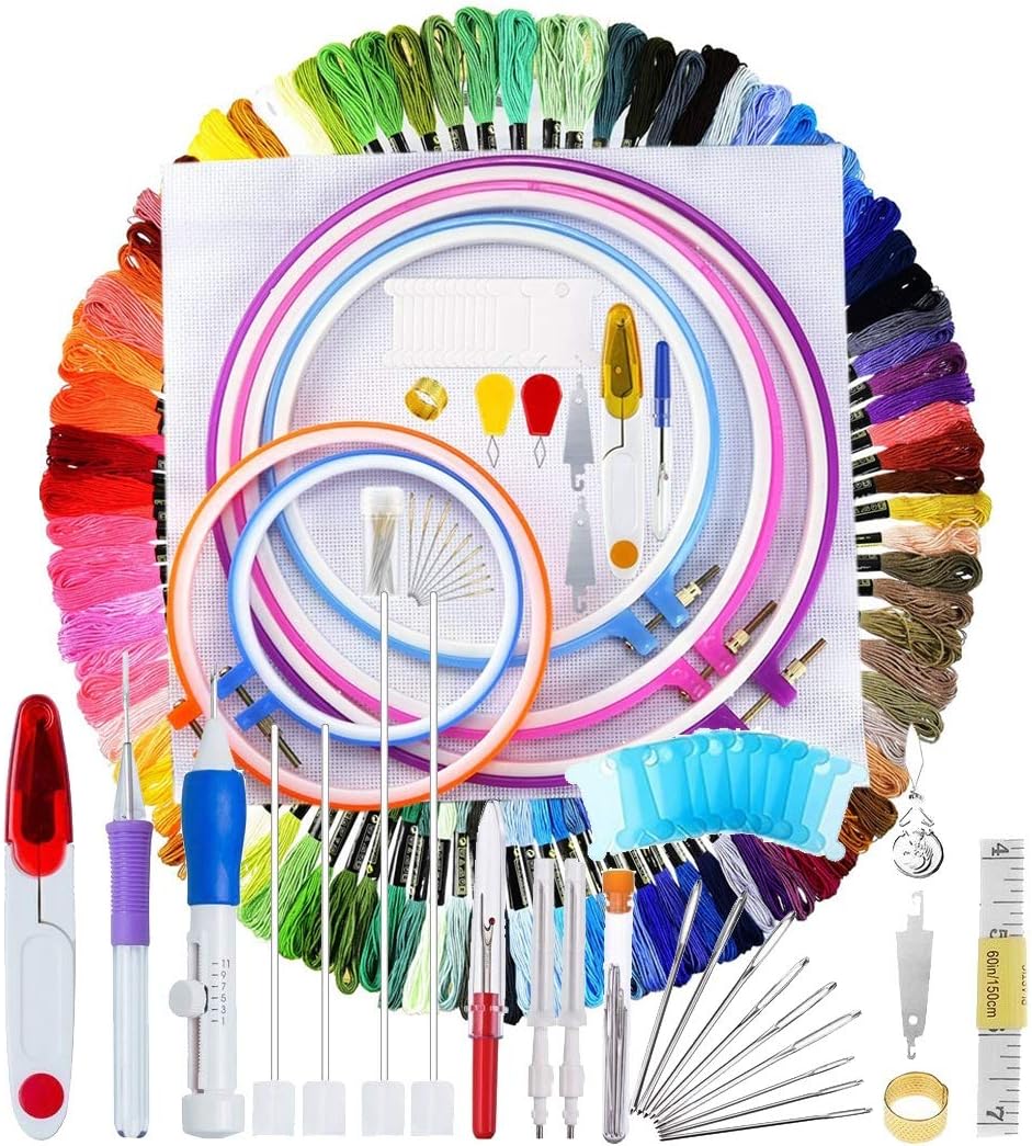 EVINIS 140 Pieces Embroidery Punch Needle Kit, Full Range of Embroidery Starter Kit,Includes Magic Embroidery Pen Punch Needles,Embroidery Hoops, Cross Stitch, Threads