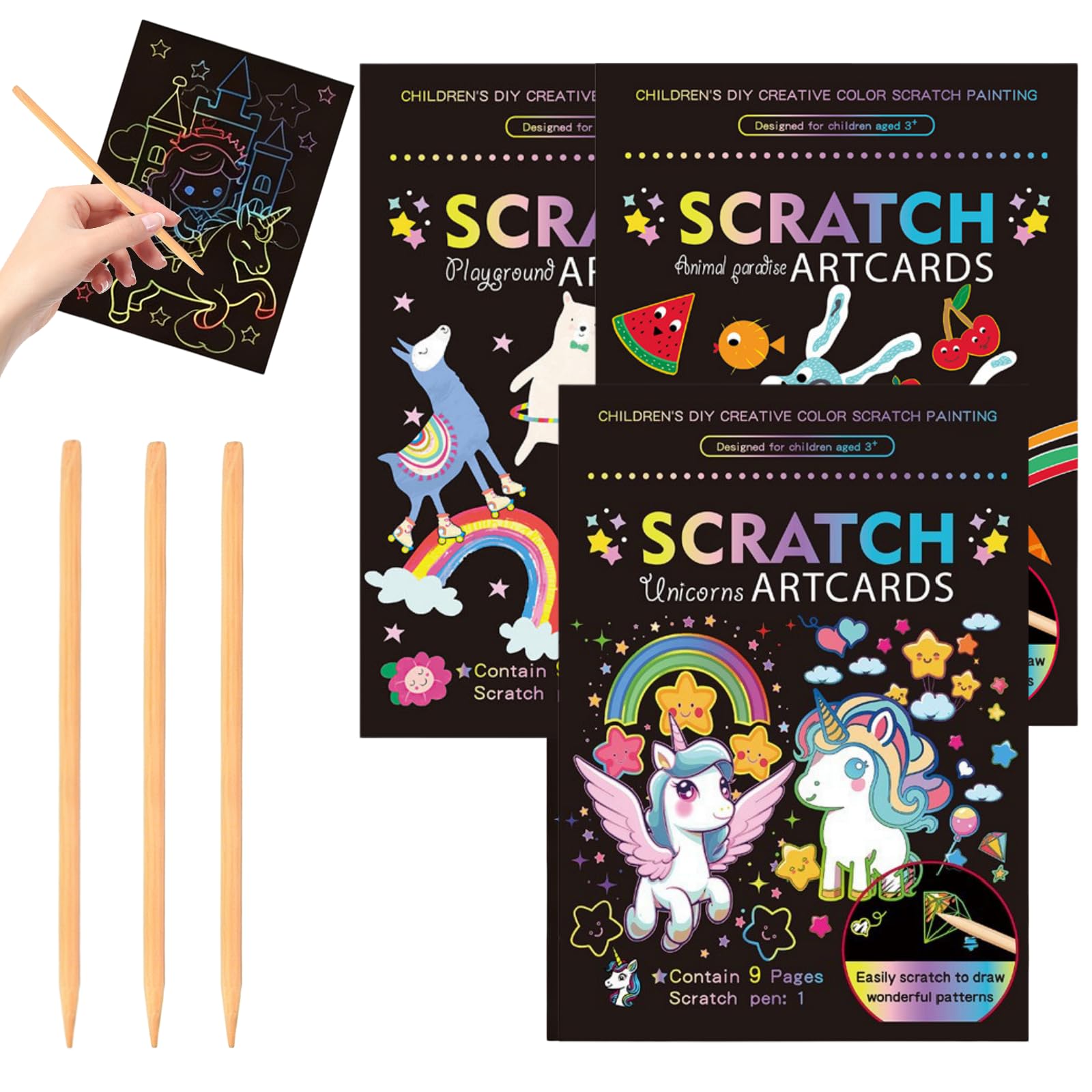 3 Rainbow Scratch Art Book Set with Wooden Stylus — image 1