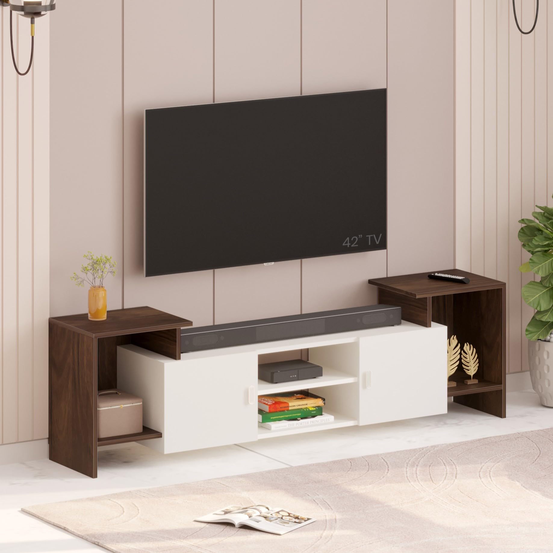 BLUEWUD Optimal Engineered Wood TV Entertainment Unit Set Top Box Stand/TV Cabinet with Shelves for Books & Décor Display Unit Bed Living Room Upto 65 Inches - DIY (Brown Maple & White)-image-15