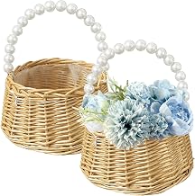 2PCS Flower Girl Basket,Rattan Wicker Basket with Pearl Handle,Round Woven Storage Basket Rustic Wedding Flower Petal Holder,Ceremony Candy Egg Basket for Wedding Procession, Home, Gardenet