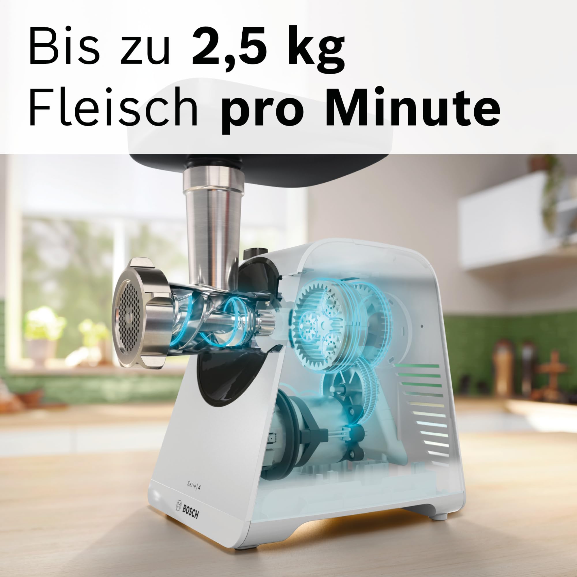 Bosch Fleischwolf Serie 4, 2 Lochscheiben (3 / 8mm) Edelstahl, spülmaschinenfest, elektrisch, stark, kompakt, 2 Stufen, Wurststopfer, 1.900 W, weiß/schwarz, MultiPower MFWS420W