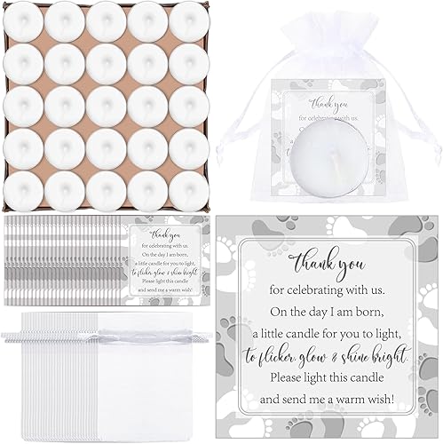 50 juegos de recuerdos de fiesta de baby shower, incluyendo 50 velas sin perfume para baby shower, bolsas de regalo, tarjetas para suministros de