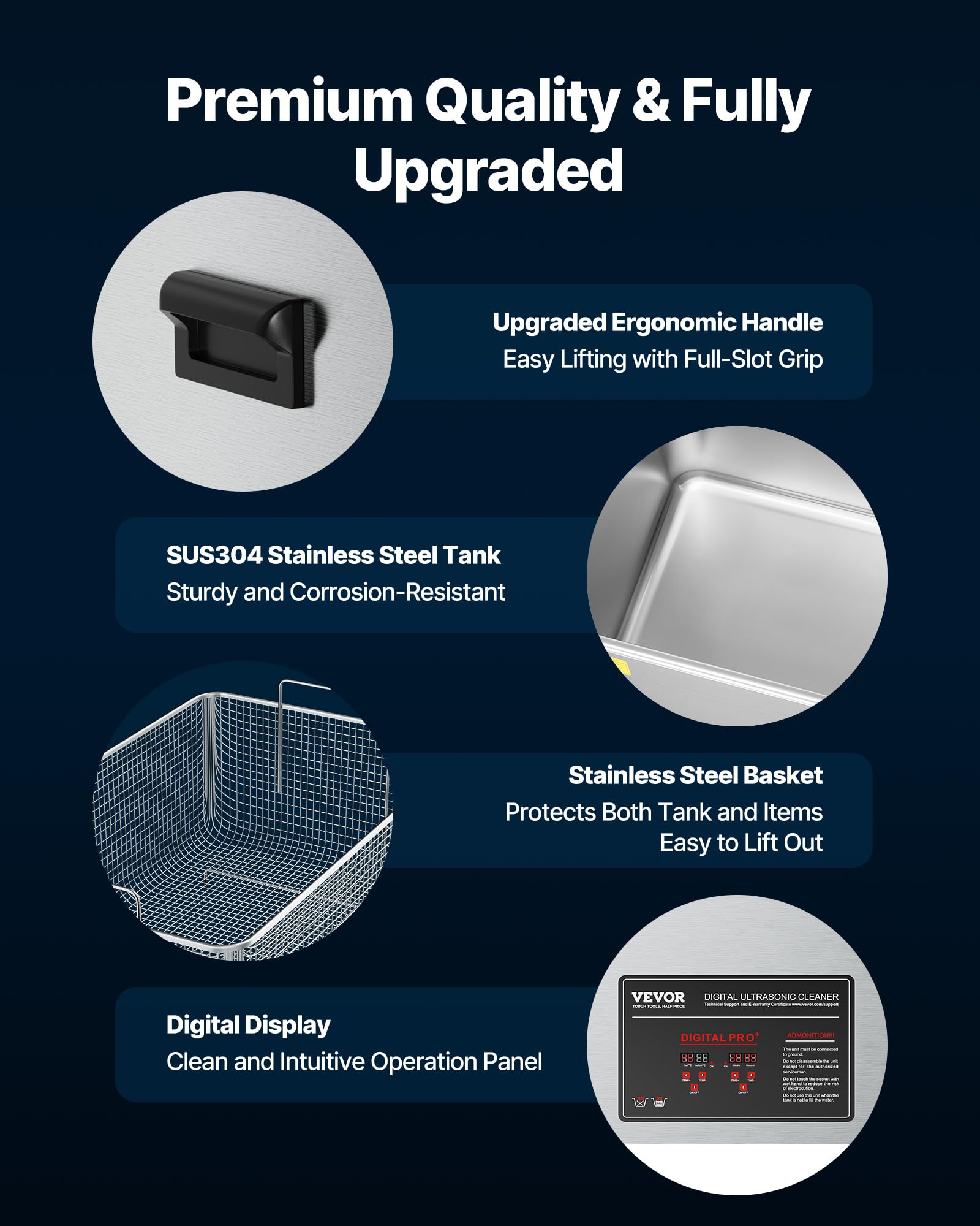 VEVOR Limpiador Ultrasónico Profesional 50 L, con Cesta de Limpieza y Pantalla Digital, 840 W, Acero Inoxidable, 40 kHz, con Ruedas para Piezas, Carburadores e Instrumentos, 595 x 395 x 525 mm