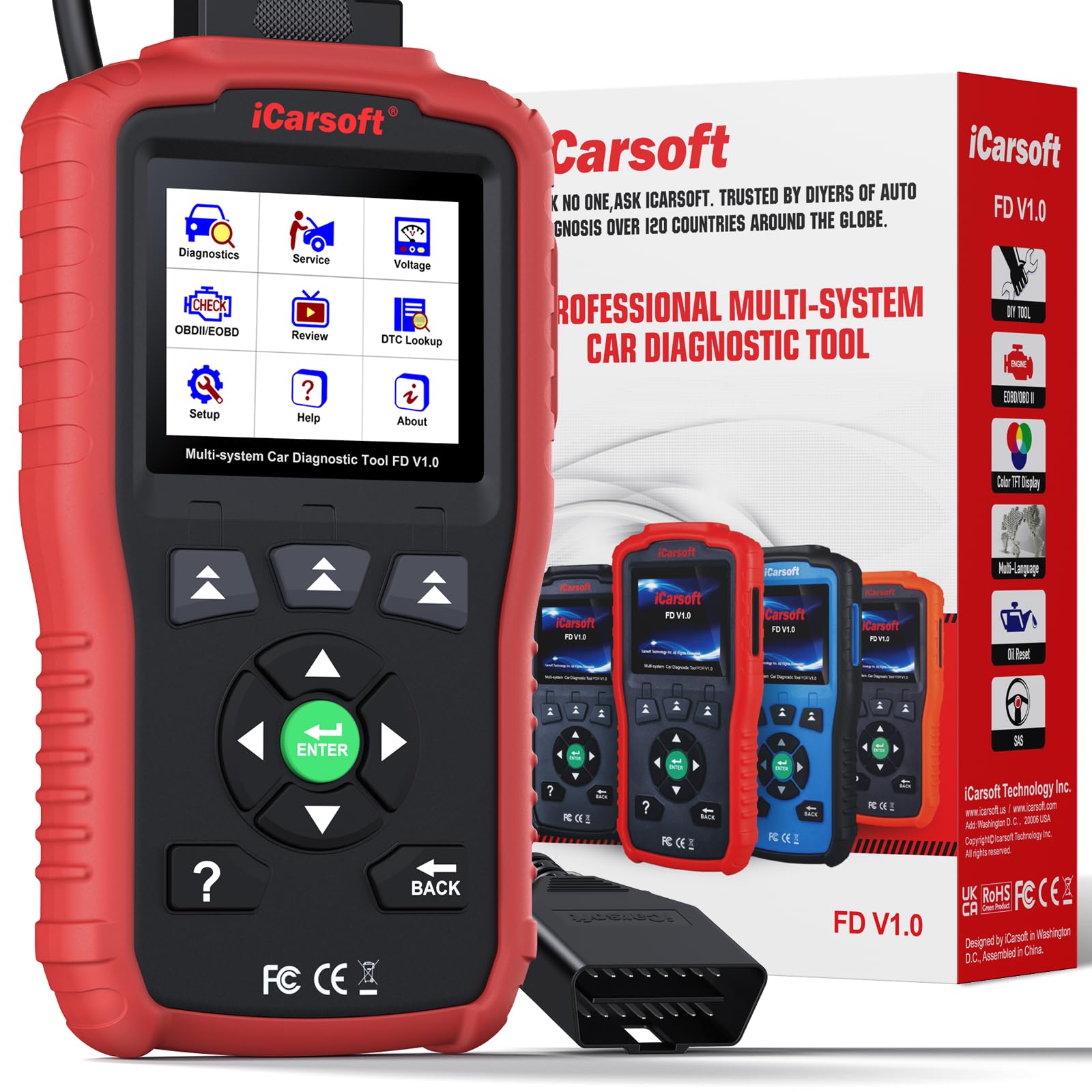 iCarsoft FD V1.0 OBD2 Máquina Diagnosis Coche para Ford/Holden, Escáner de Todo el Sistema, Reinicio de Aceite, Calibración SAS, Prueba de Batería, Actualización de por Vida