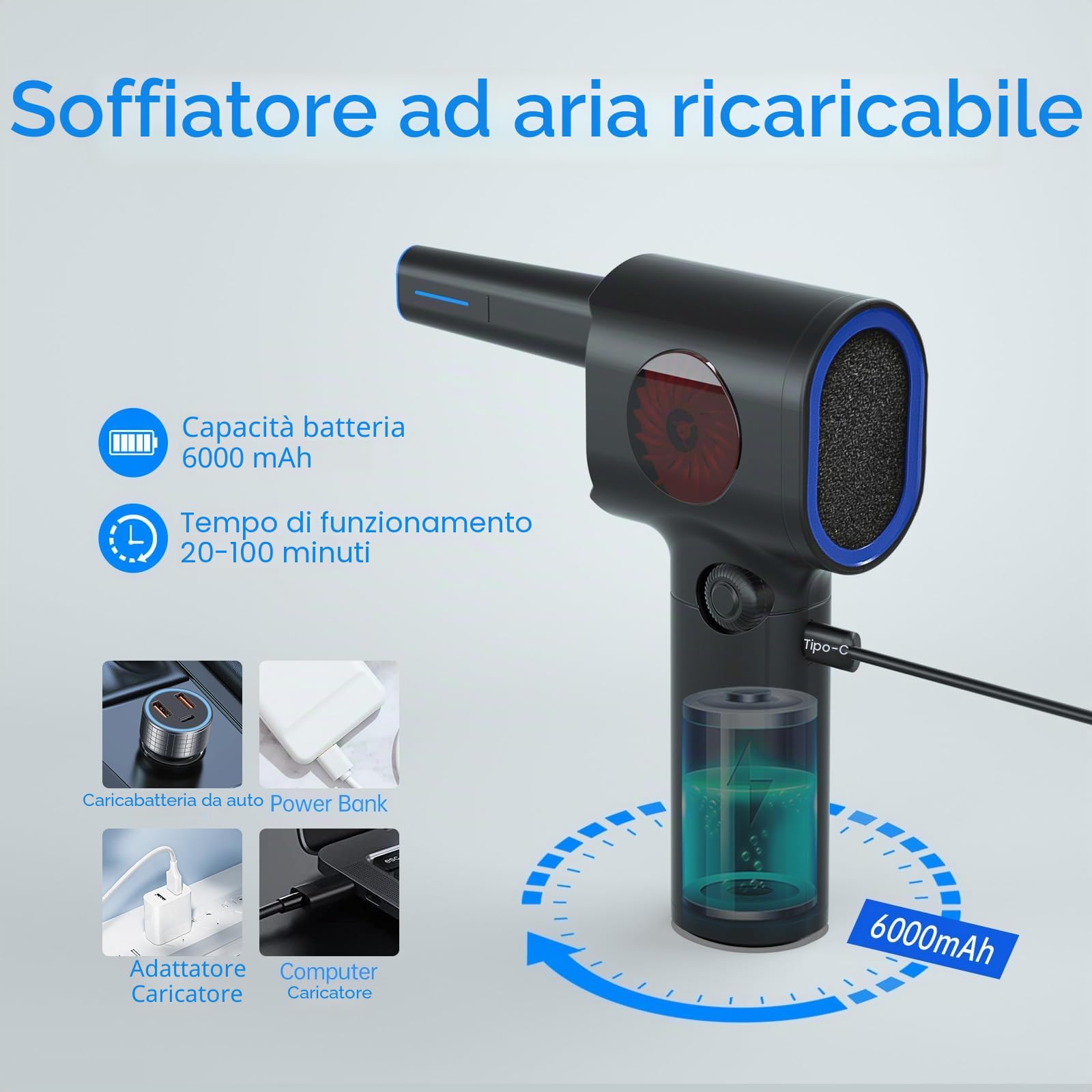 ATEngeus Elettrico Rimuovi Polvere Aria Compressa, Spolverino Elettrico a velocità Continua con Custodia, Spolverino ad Aria Senza Fili con LED, Soffiatore per Auto, PC, Casa