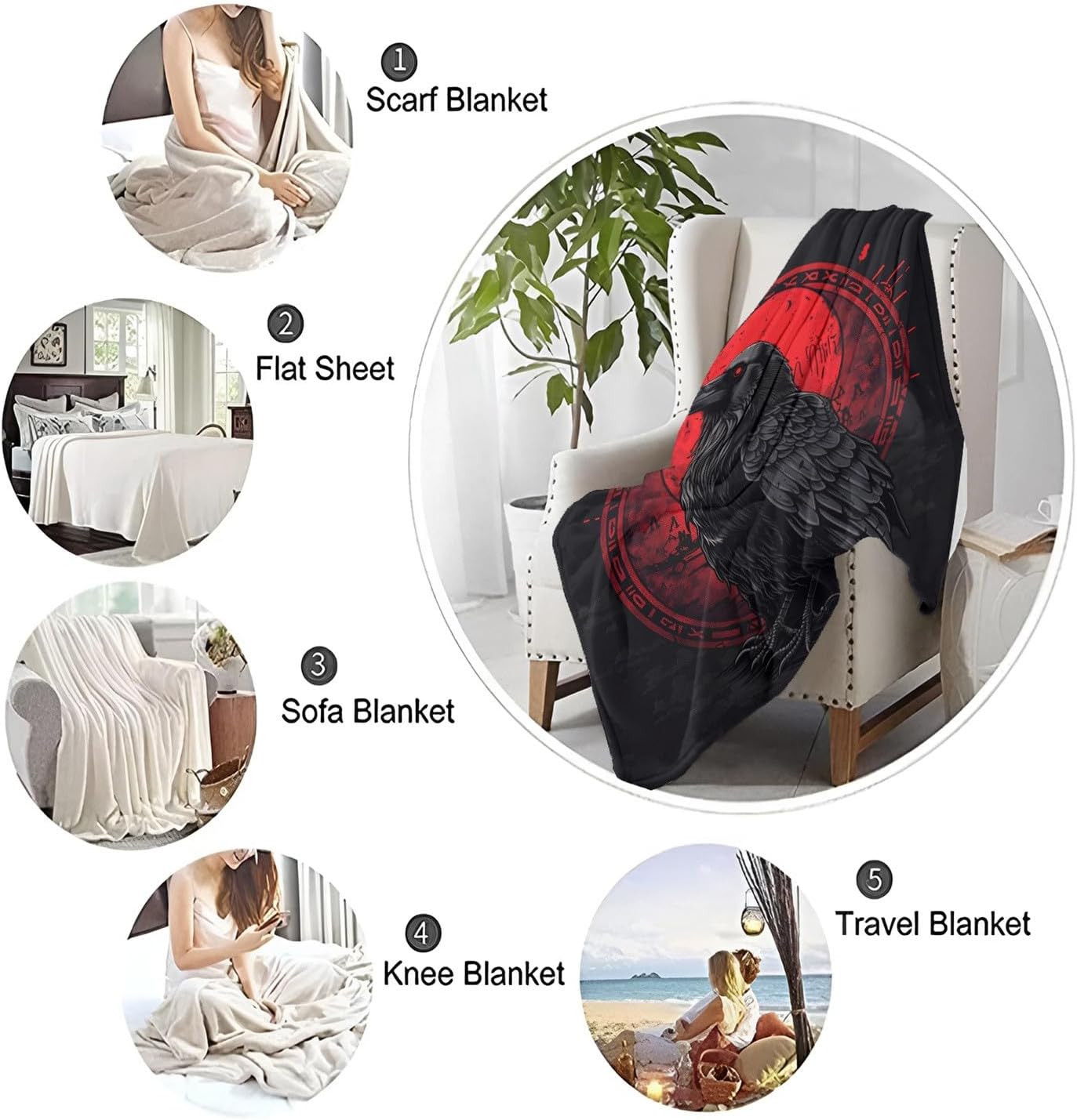 3D Print Sherpa Throw Blanket Viking Animal Black Raven Theme Super Soft Microfiber Flannel Blanket 60" x 80" Ultra Luxurious Warm and Cozy Throw