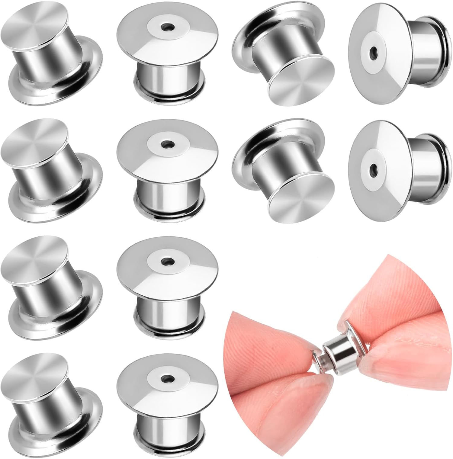 YGAOHF 12 pcs Locking Pin Backs for Enamel Pins - Metal Pin Backs Locking with Plastic Box, Silver Locking Pin Backs Bulk