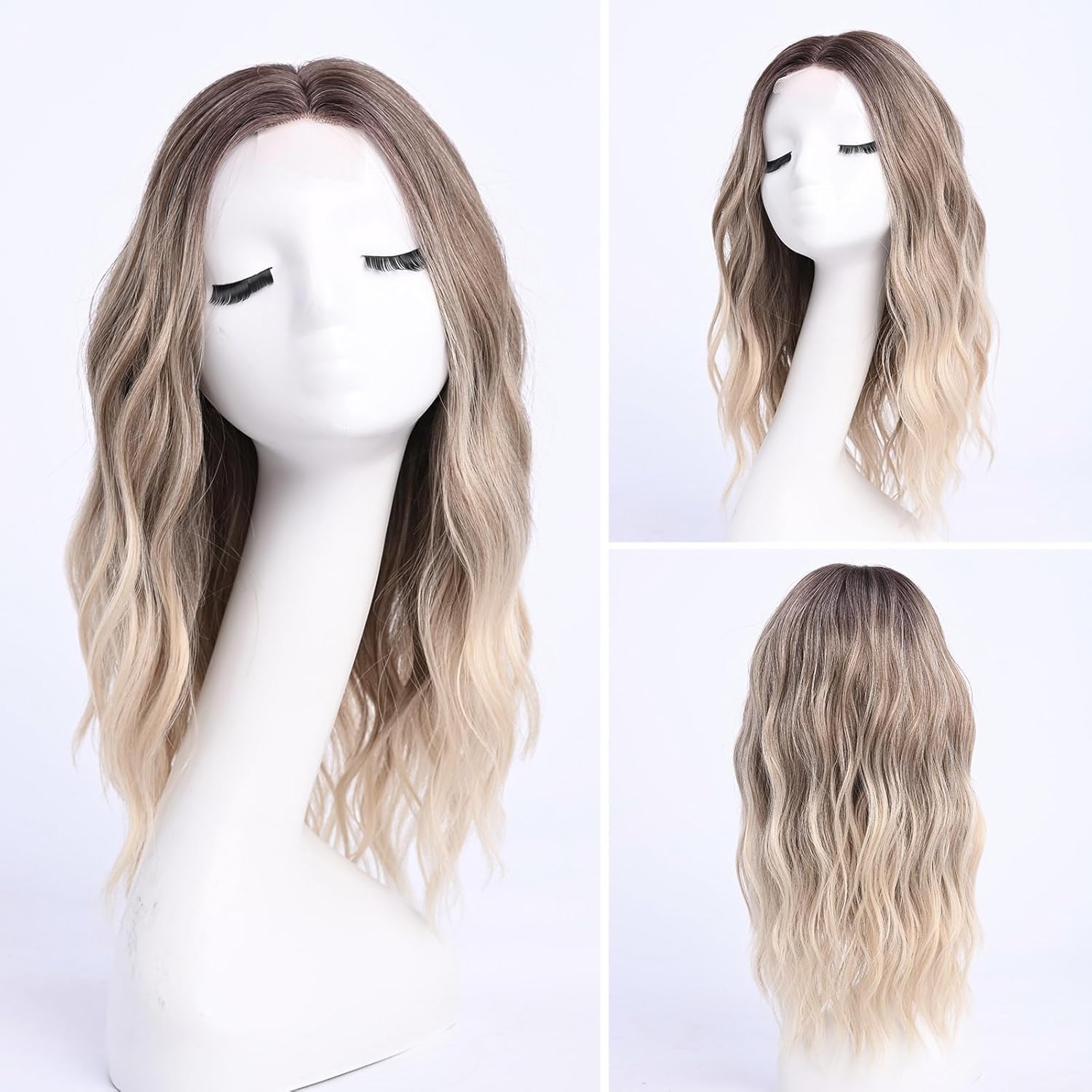 YaissmyLu Medium Length Ombre Blonde Ash Wavy Wigs for Women 18 Inch Middle Part Wavy Blond Wig Natural Looking Dirty Blonde Synthetic Heat Resistant Fiber Dark Roots Wig for Daily Party Use (18 inch) - Image 2