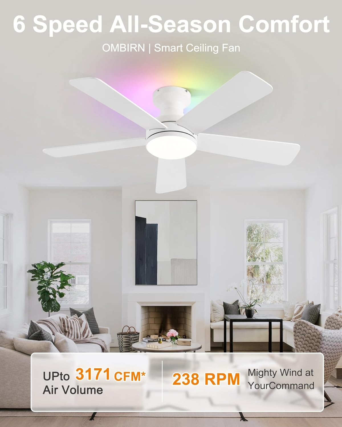 42 Inch Ceiling Fan with Lights, RGB Ceiling Fan with Light, App & Remote Control, Flush Mount Low Profile, Reversible, 3CCT, Dimmable LED, Noiseless, White Ceiling Fan for Bedroom
