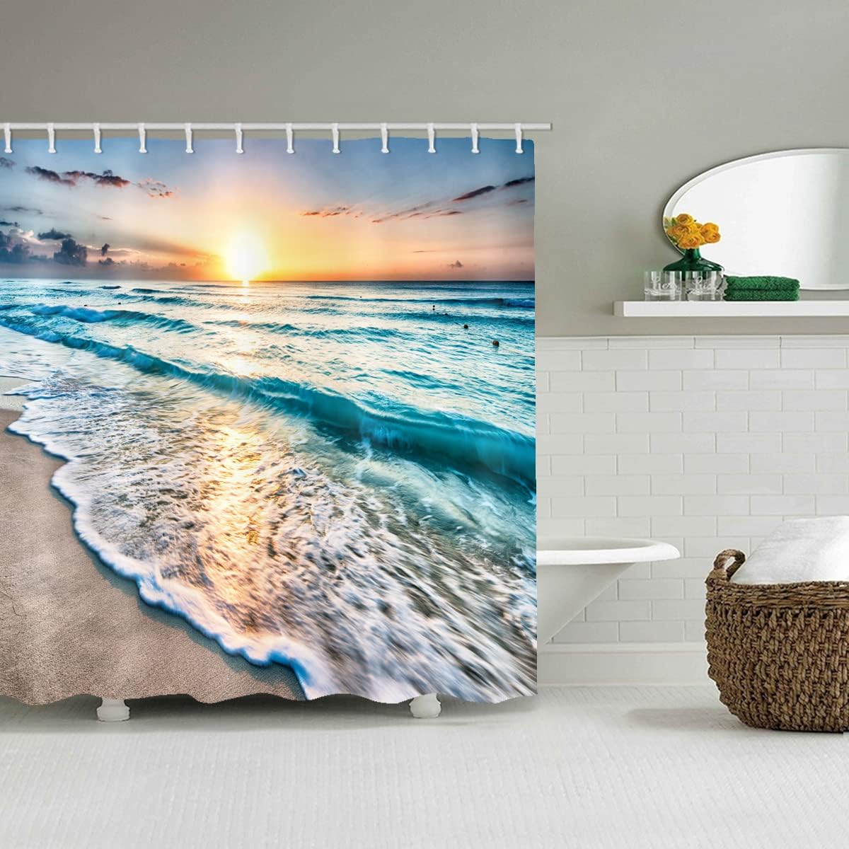 LYFANS The Bathroom Has a Sunset Beach Shower Curtain and The Tub Has a Luxurious Standard Shower Curtains. Waterproof Washable Fabric Shower Curtain (59x72) in，with 12 White Hooks.