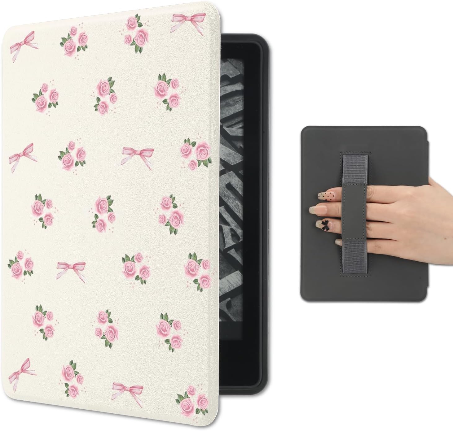 Floral Bowknot Case Compatible with Kindle 11th Generation (2024/2022 Release) 6 Inch with Hand Strap Premium PU Leather Folio Cover Auto Sleep/Wake