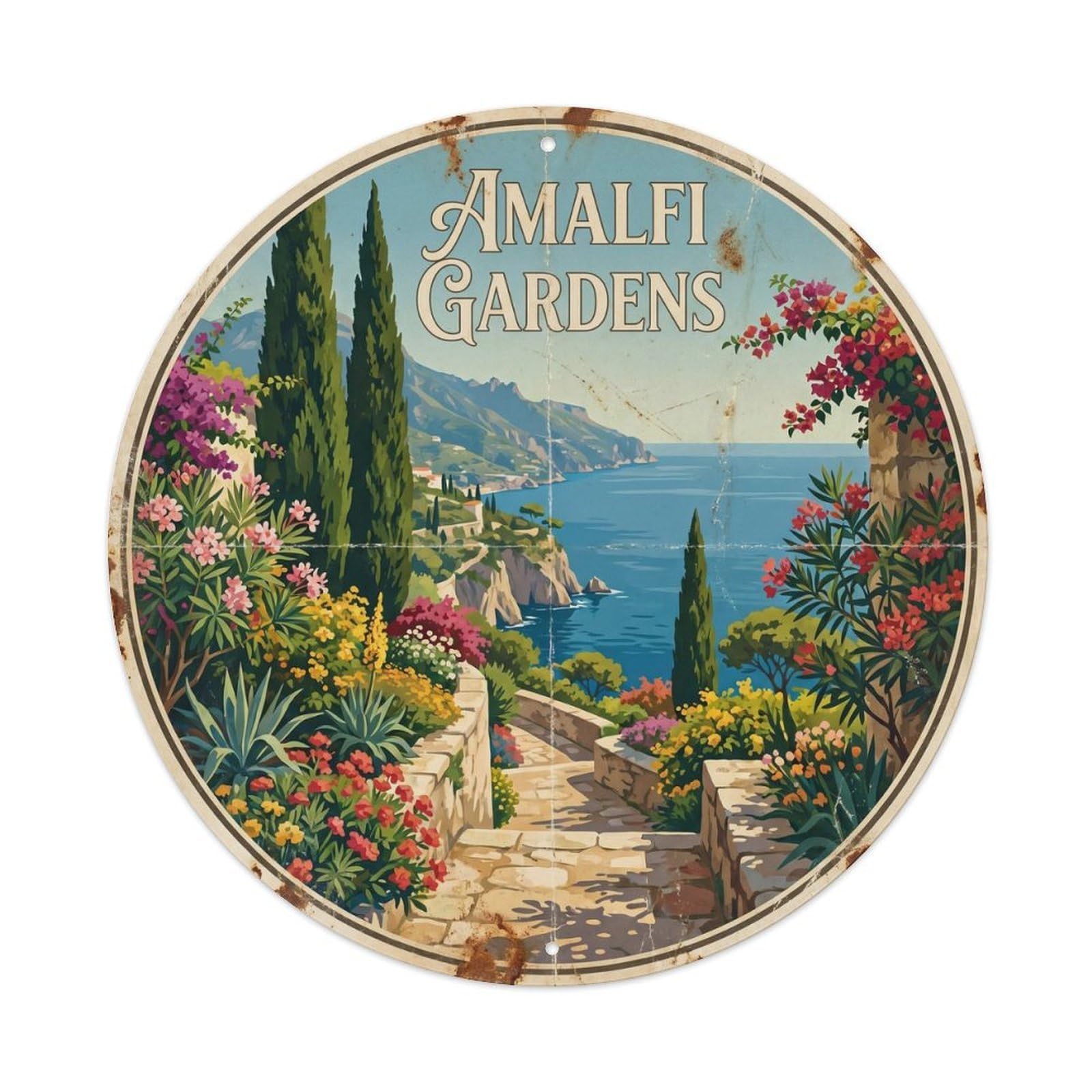 Vintage Travel Amalfi Coastal Garden Landscape Metal Tin Sign Plaque
