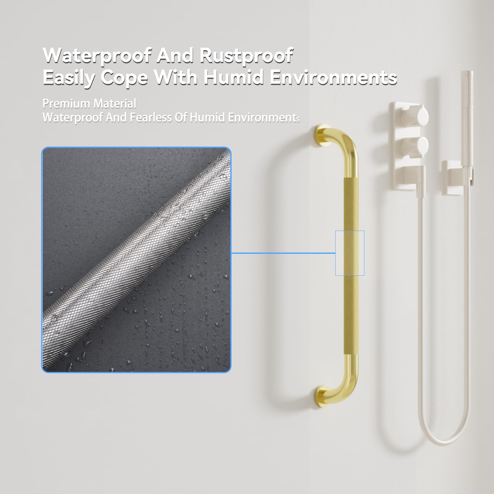 Confezione da 2 maniglie per doccia, color oro spazzolato, 81 cm, con impugnatura zigrinata antiscivolo, barra di equilibrio in acciaio inox, diametro 3,2 cm, barra di sicurezza per vasca da bagno