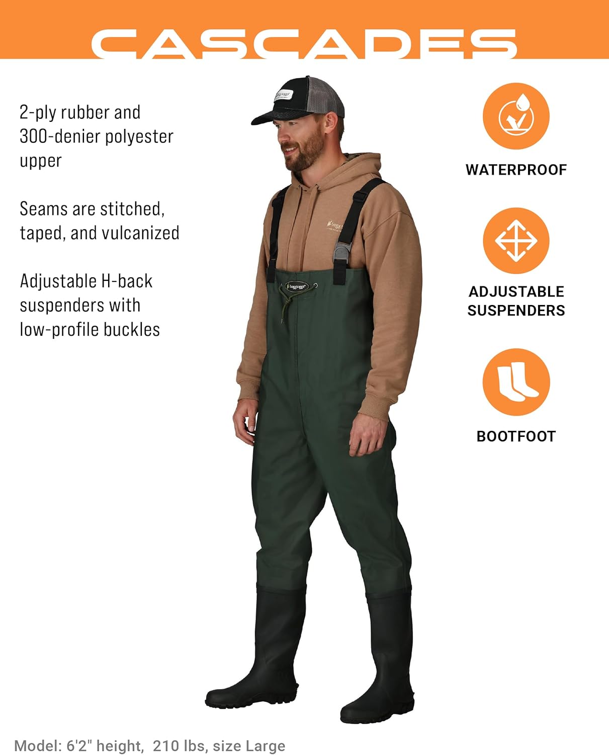 Cascades 2-ply Poly/Rubber Waterproof Fishing Bootfoot Chest Wader for Fishing