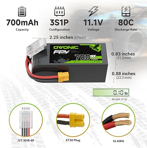 Miniatura 2 de OVONIC Batería Lipo de 11.1V 80C 700mAh 3S con enchufe XT30 1 paquete que incluye 2 baterías