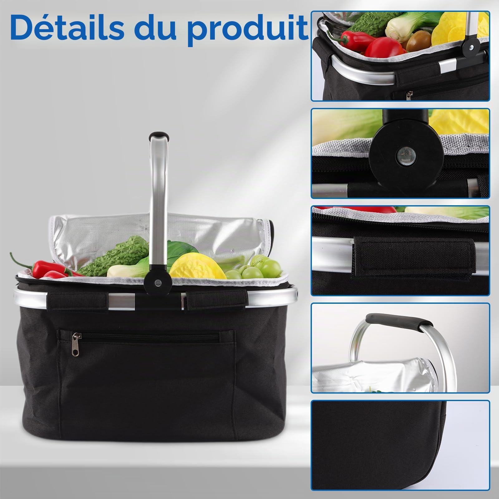 Panier Pique Nique Pliable, 34L Sac Isotherme Courses, Noir Panier Picnic pour Le Pique-Nique, Les Voyages