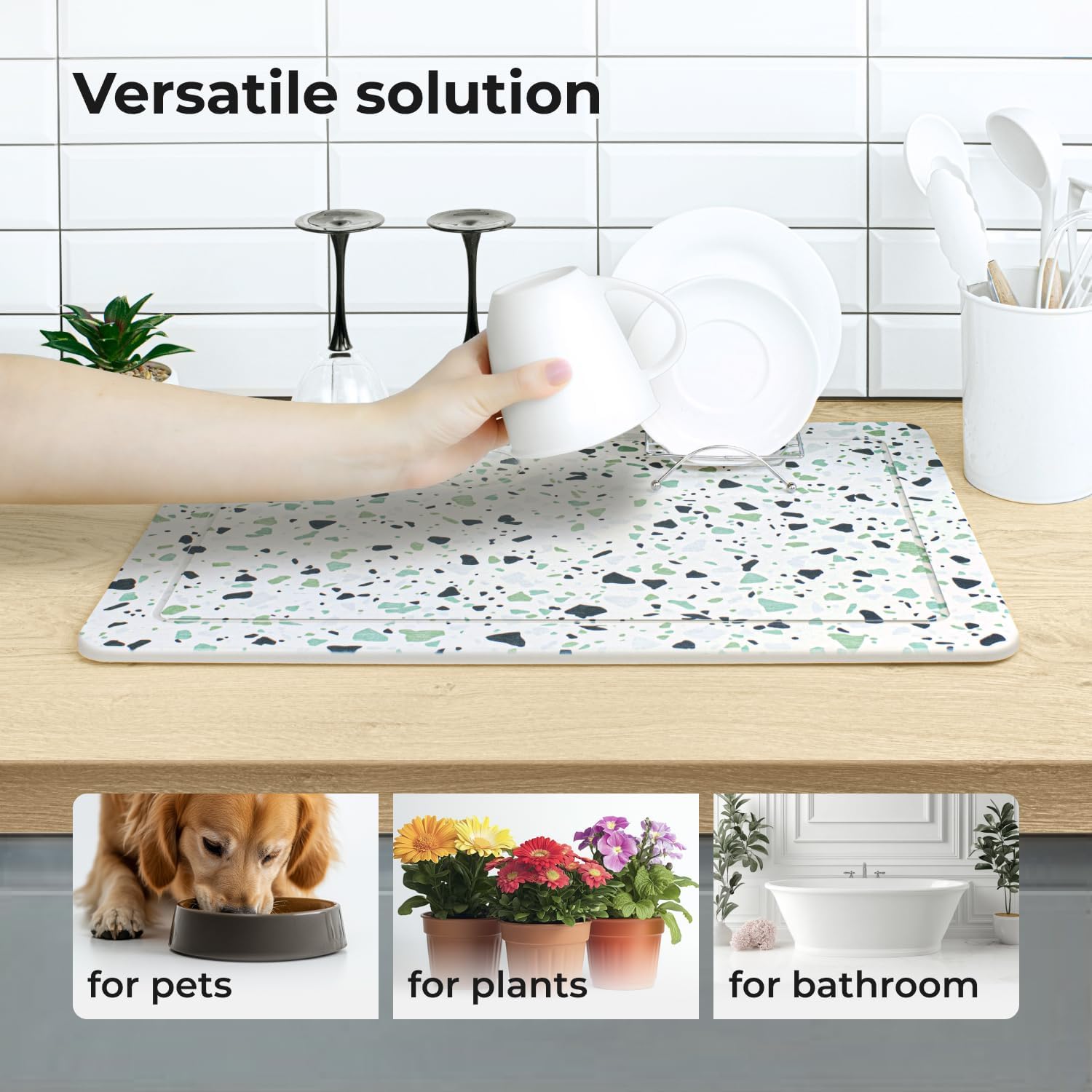 Diatomaceous Earth Stone Bath Mat - Quick Drying Bath Mat - White and Sage Green Bathroom Mat - Shower Stone Mat (Terrazzo Green)