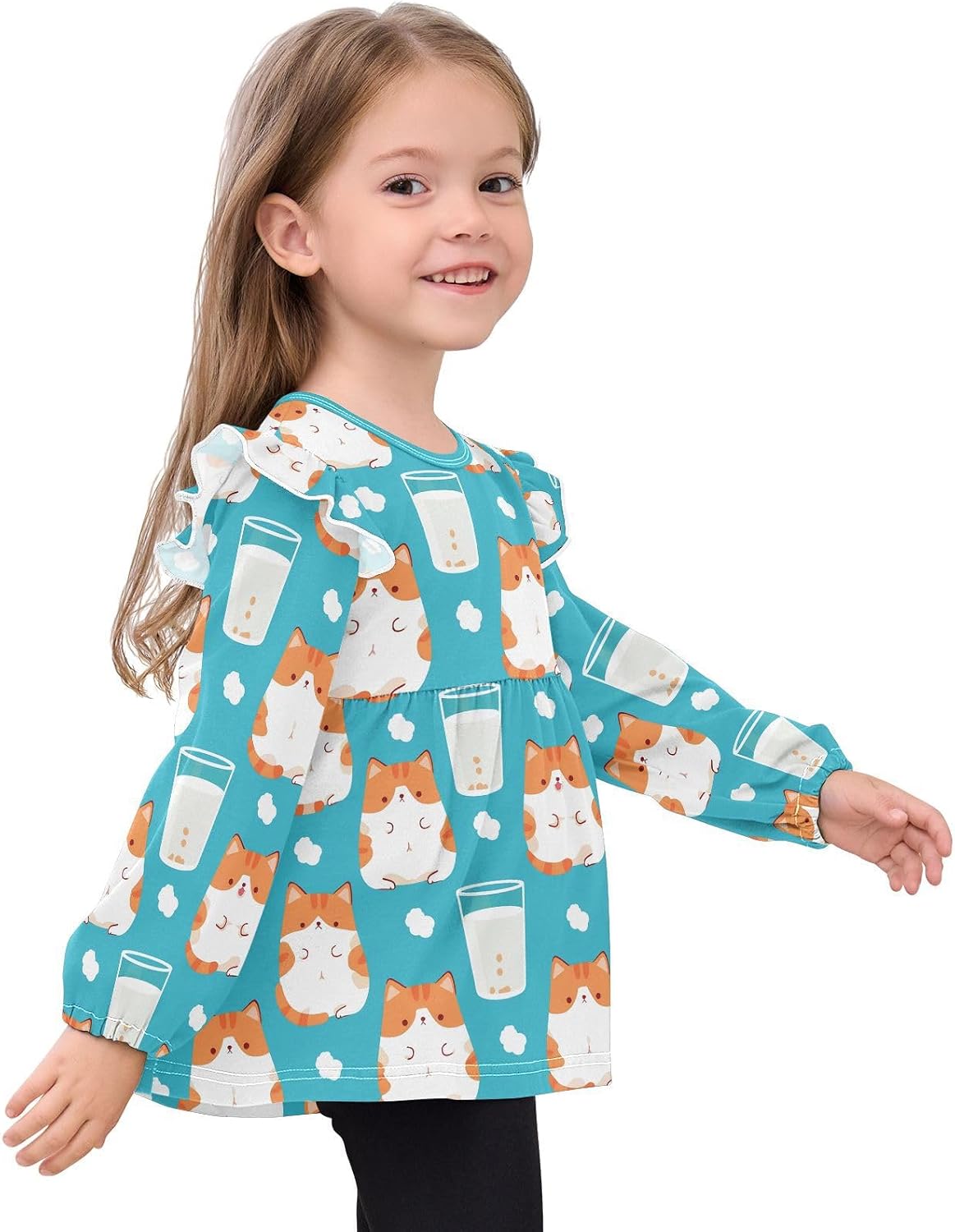 visesunny Toddler Clothes for Girls Cloud Milk Cat Long Sleeve Fall Shirts Cotton Top with Ruffle Collar
