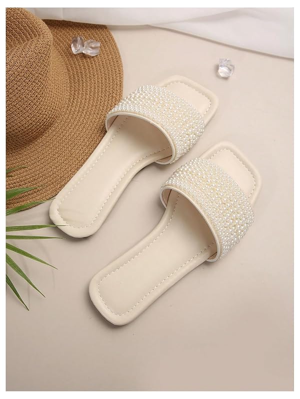 OYOANGLE Women's Pearl Decor Square Toe Sandals Leather Open Toe Flat Slip On Slides Beige 7.5 by OYOANGLE - Used condition - Image 3