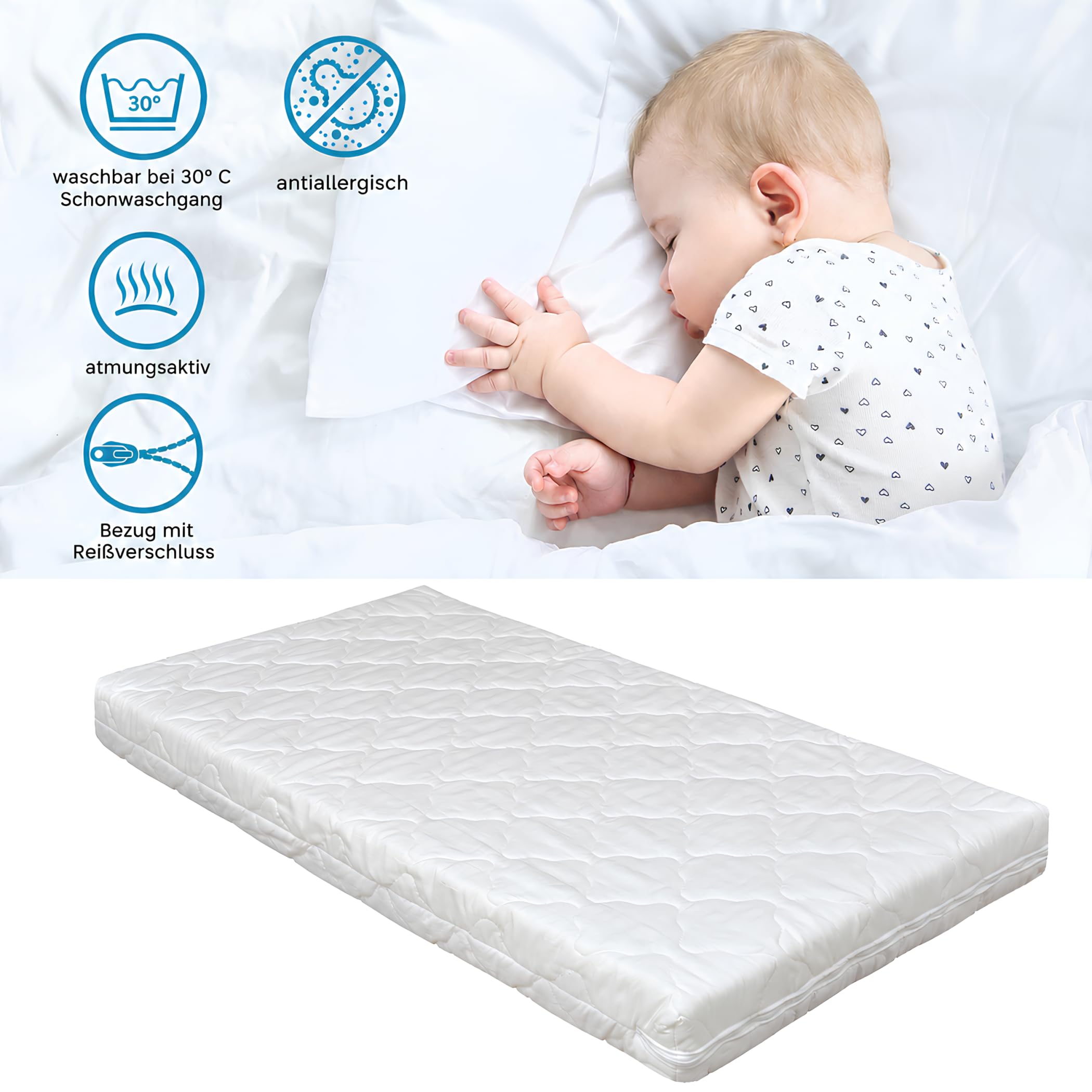 Baby Matratze Kindermatratze Kokos Buchweizen 70x140x9 cm für Babybett Kinderbett Bezug gesteppt