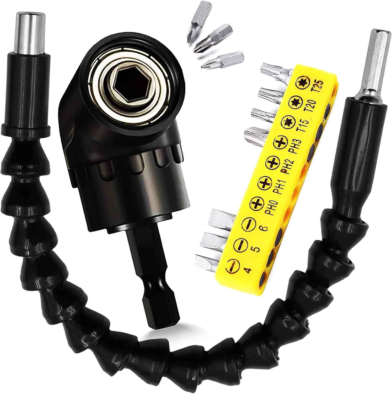 Flexible Drill Bit Extension Holder+105° Right Angle Drill Attachment Impact Driver Socket Adapter + Mini Screwdriver Set 10 PCS Pocket Screwdriver Bit Set, Tool Accessories Kit for Tight Space-FB12