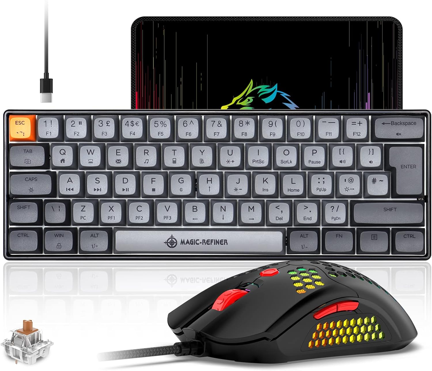 MAGIC-REFINER 60% Wired Mechanical Gaming Keyboard and Mouse Combo, Ultra-Compact 62 Keys RGB Backlit Brown Switch Computer Keyboard with PBT Keycaps,12000DPI Lightweight Mouse for PC/Mac Gamer