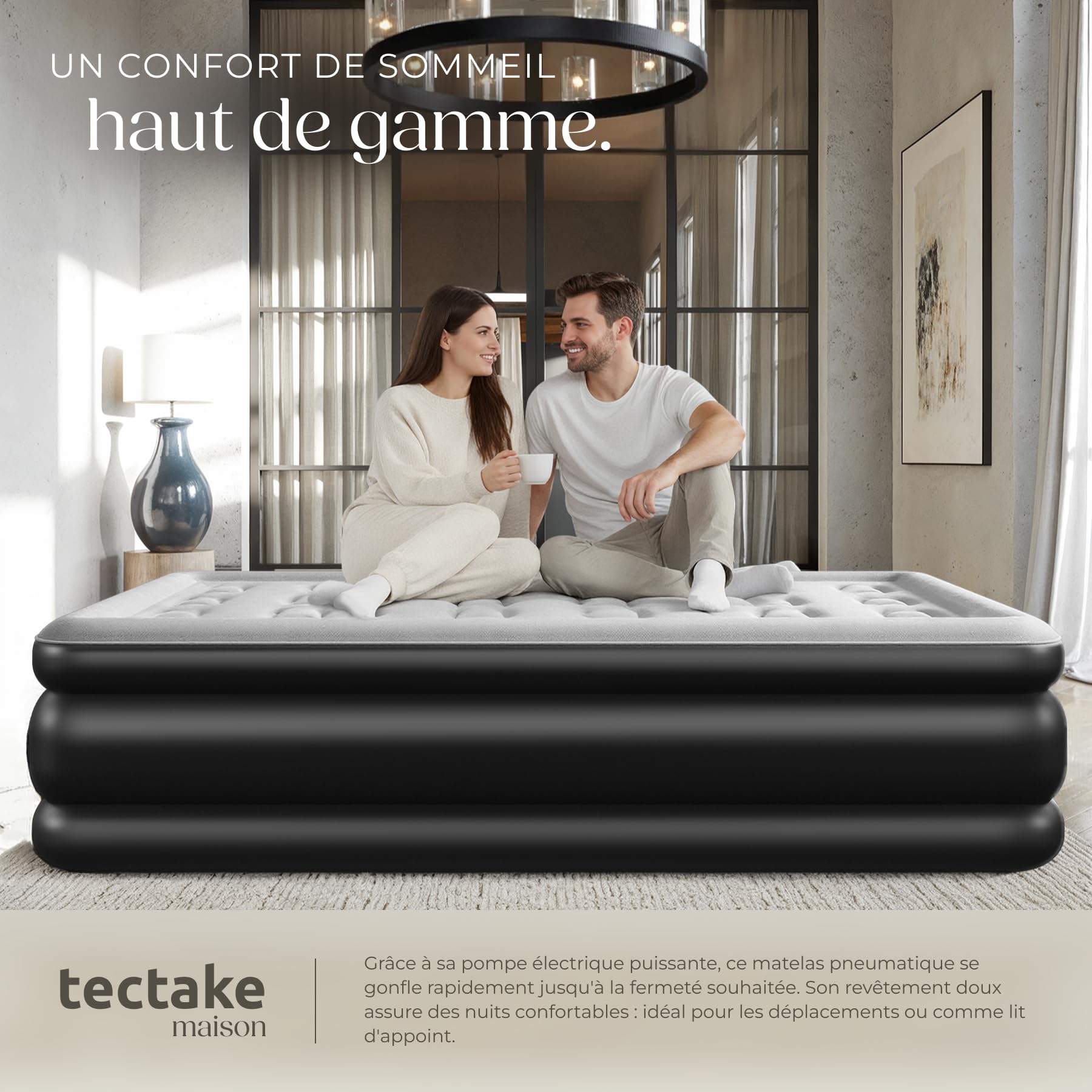 tectake® Matelas Gonflable 2 Personnes Confortable avec Pompe Electrique intégrée, Gonflage & dégonflage Rapide, Lit d'appoint pour Enfant ou Lit Gonflable pour Camping avec Sac de Transport