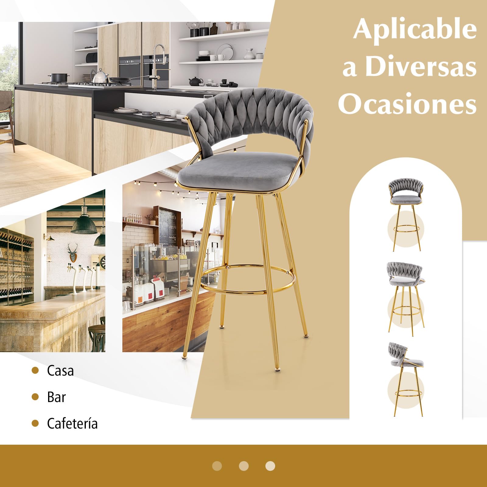 COSTWAY Juego de 2 Taburetes de Terciopelo, Taburetes de Barra de 73 cm con Respaldo Tejido y Patas de Metal Dorado, Taburetes de Cocina Tapizados sin Brazos con Reposapiés(Gris)