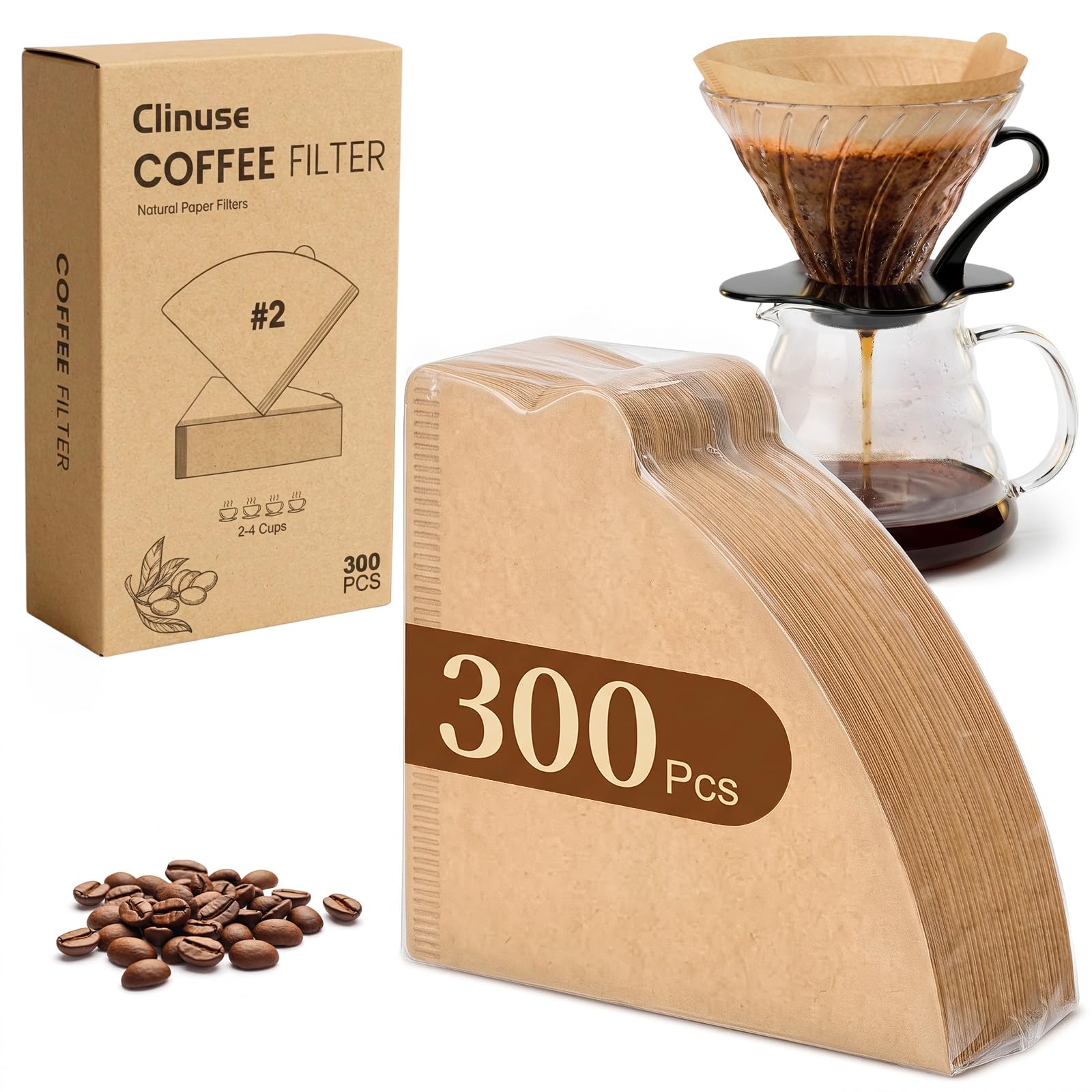Clinuse 300Pcs Cone Coffee Filters #2, Unbleached Size 02 Coffee Filter