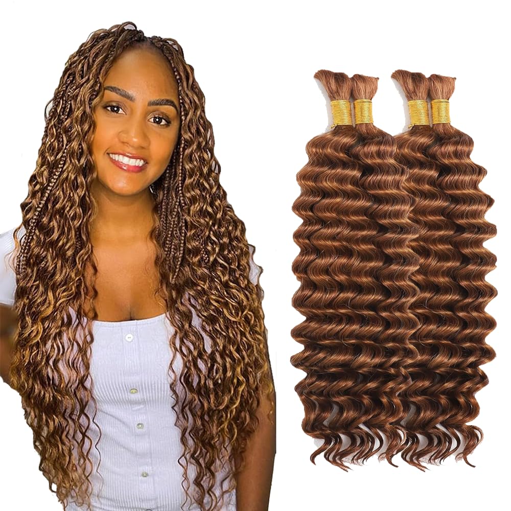 Tuheerst #30 Light Brown Color 30 30 30 30 Inch Boho Braids Human Hair Extension No Weft Knotless 50g/Bundle Total 200g Deep Wave Human Braiding Hair For Women