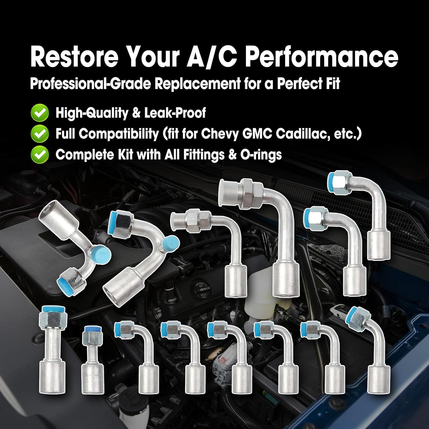 AC Hose Kit Fit for GM Cars Truck Vehicle, Air Conditioning Ext Length Hoses Compatible with Buick Chevrolet Cadillac GMC Wuling Air Conditioner Hose and Connector Set, with Fittings and O-rings