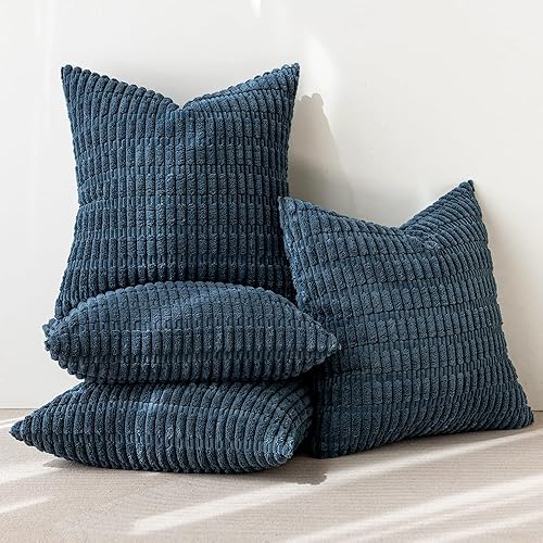 Miniatura 3 de MIULEE Paquete de 4 fundas de almohada decorativas de pana azul de 18 x 18 pulgadas, fundas de almohada suaves y bohemias a rayas, decoración