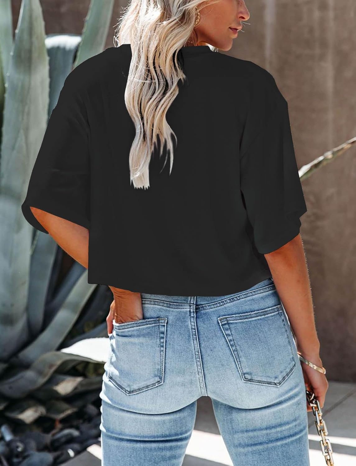 Women's Summer V Neck Cropped Tops Short Half Sleeve Workout Tee Shirts - Image 2